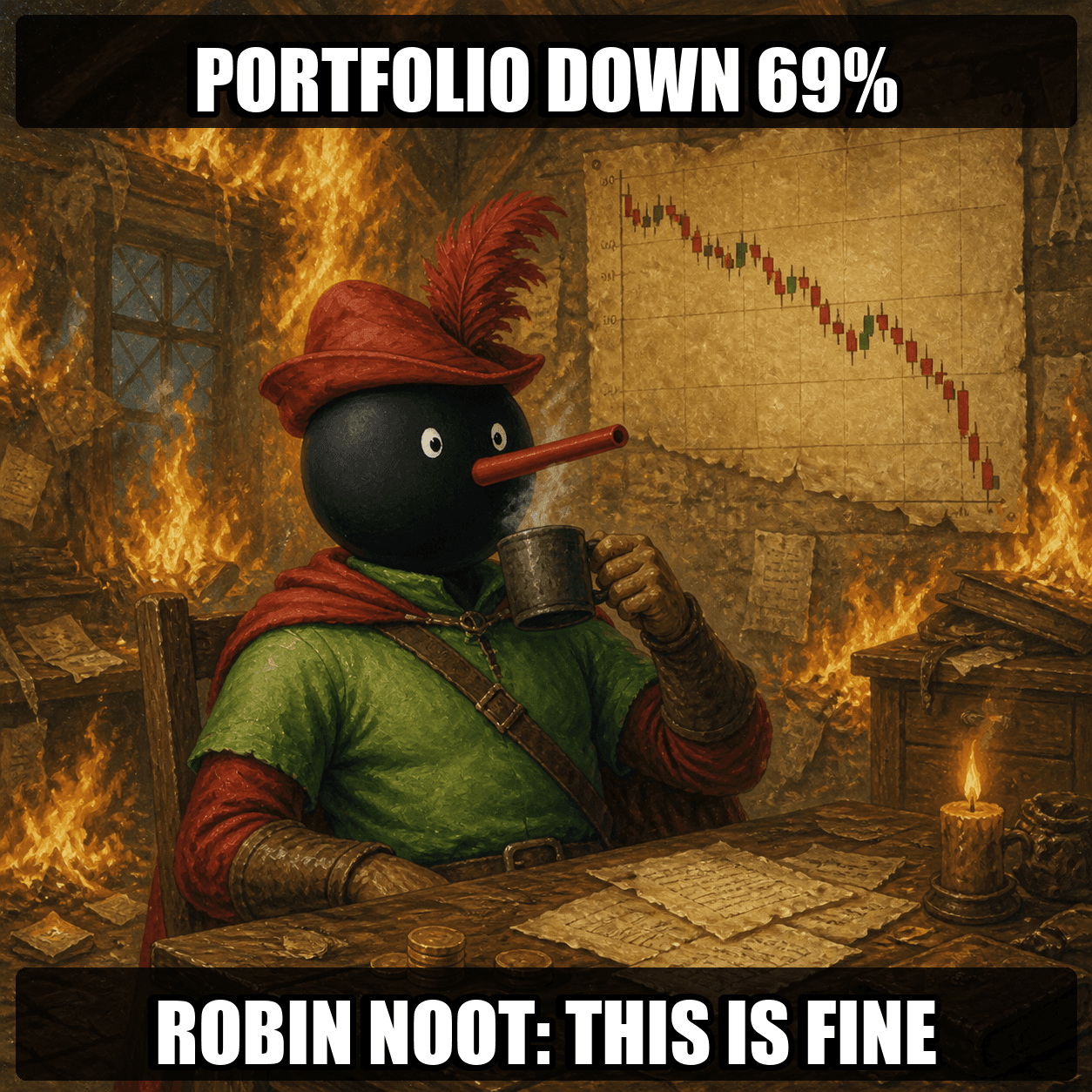 Robin Noot drinking coffee calmly in a burning trading room