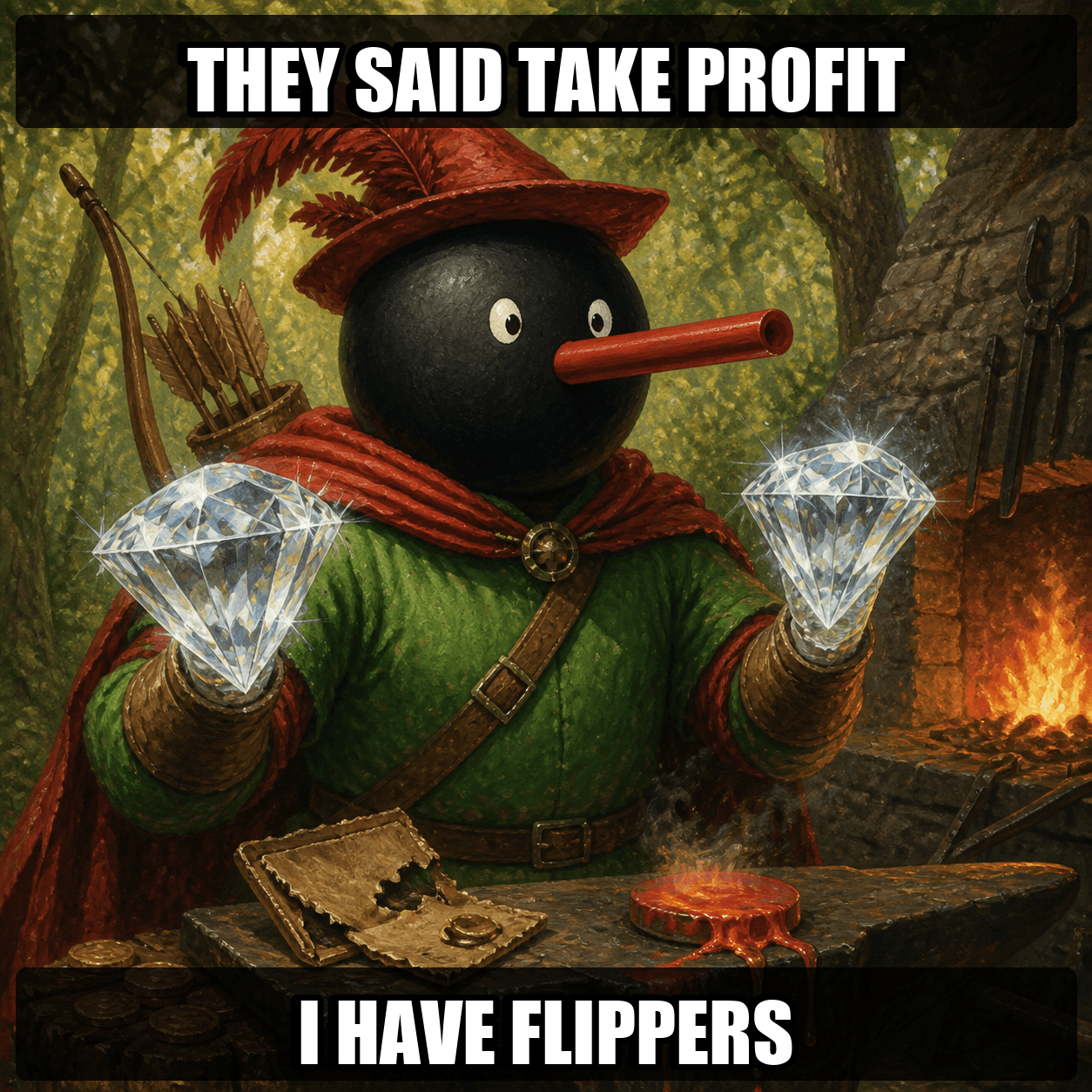 Robin Noot holding a glowing gem with determined flippers