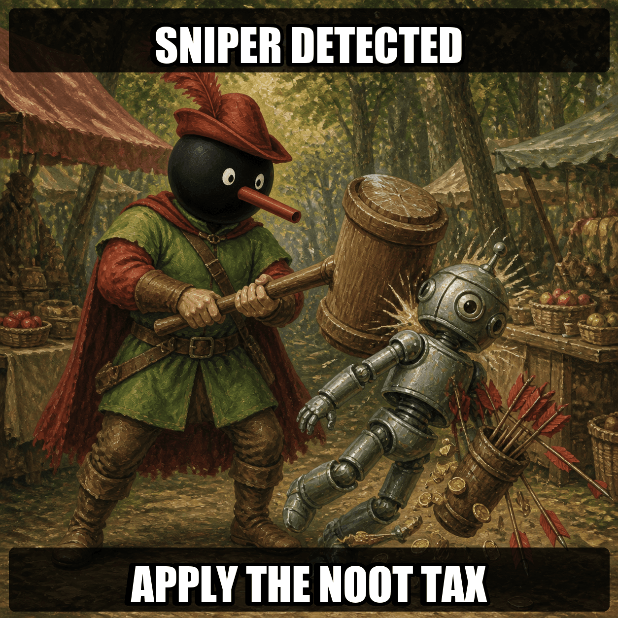 Robin Noot bonking a trading bot with a wooden mallet