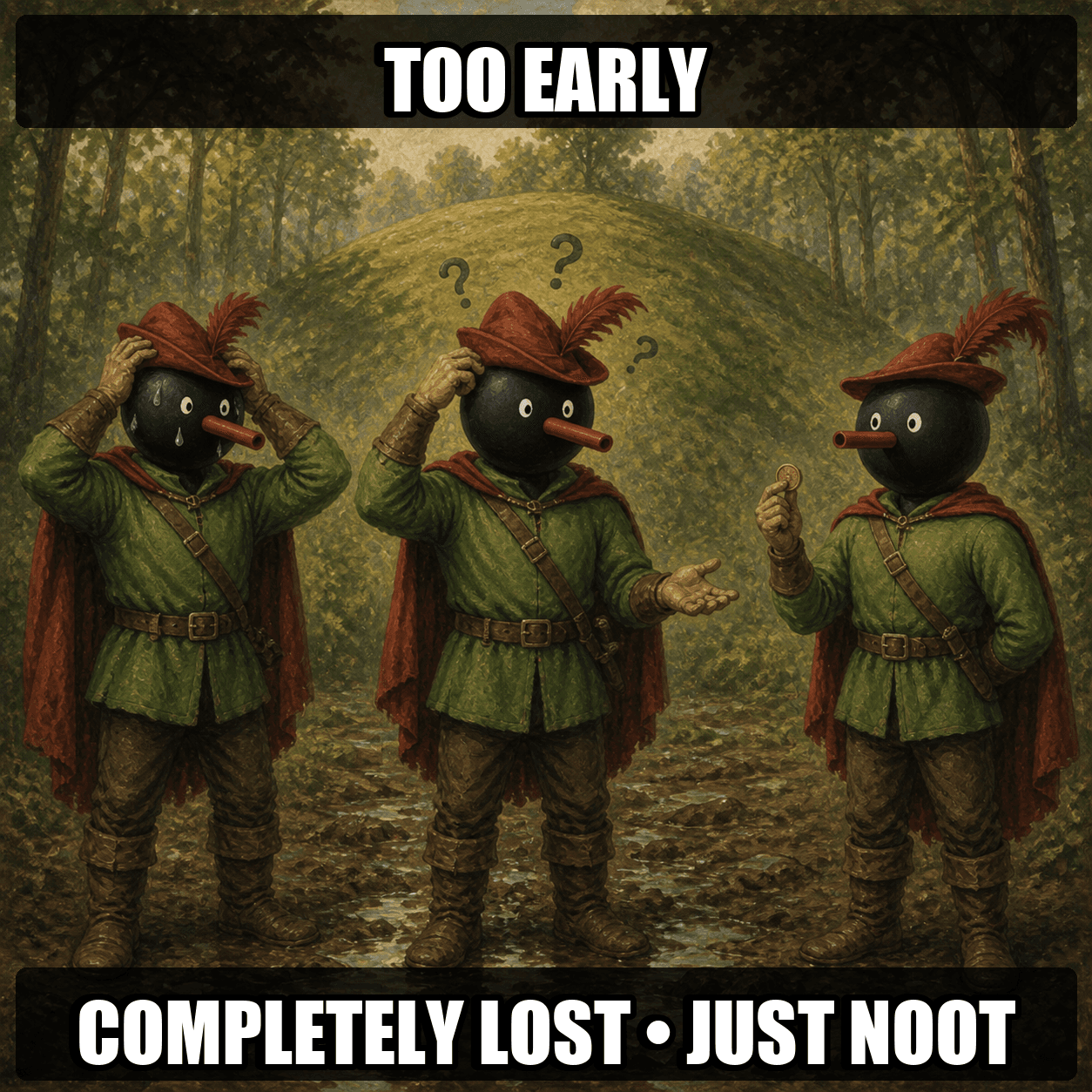 Three Robin Noot traders across a bell-shaped hill