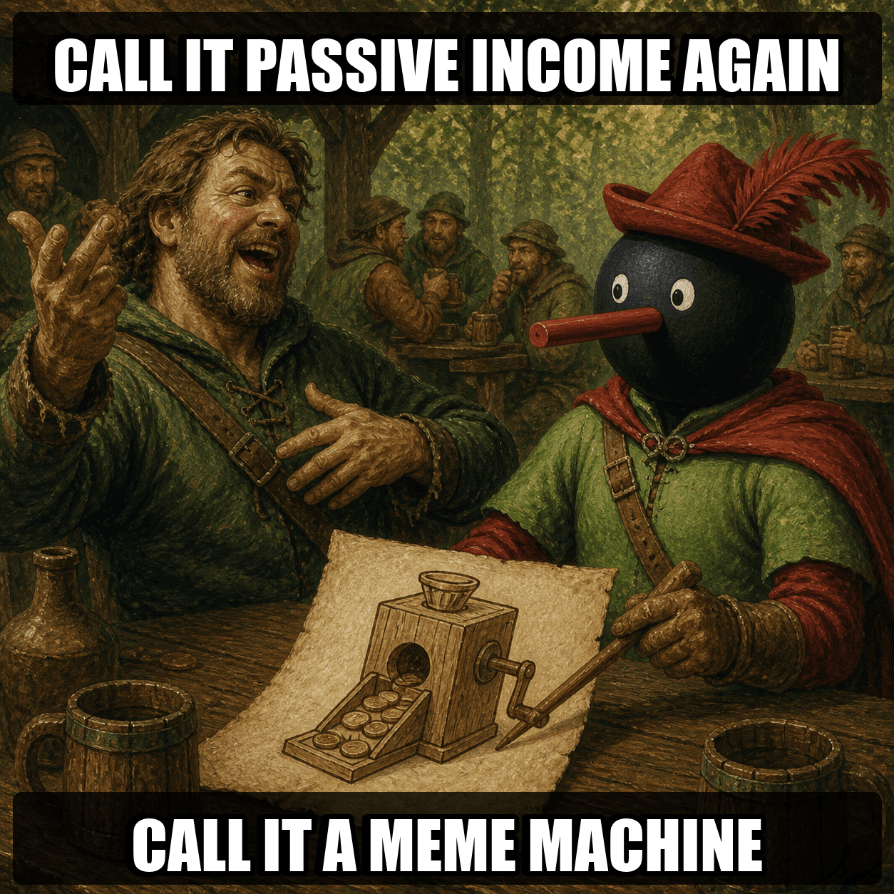 Robin Noot correcting a boastful trader with a rolled parchment