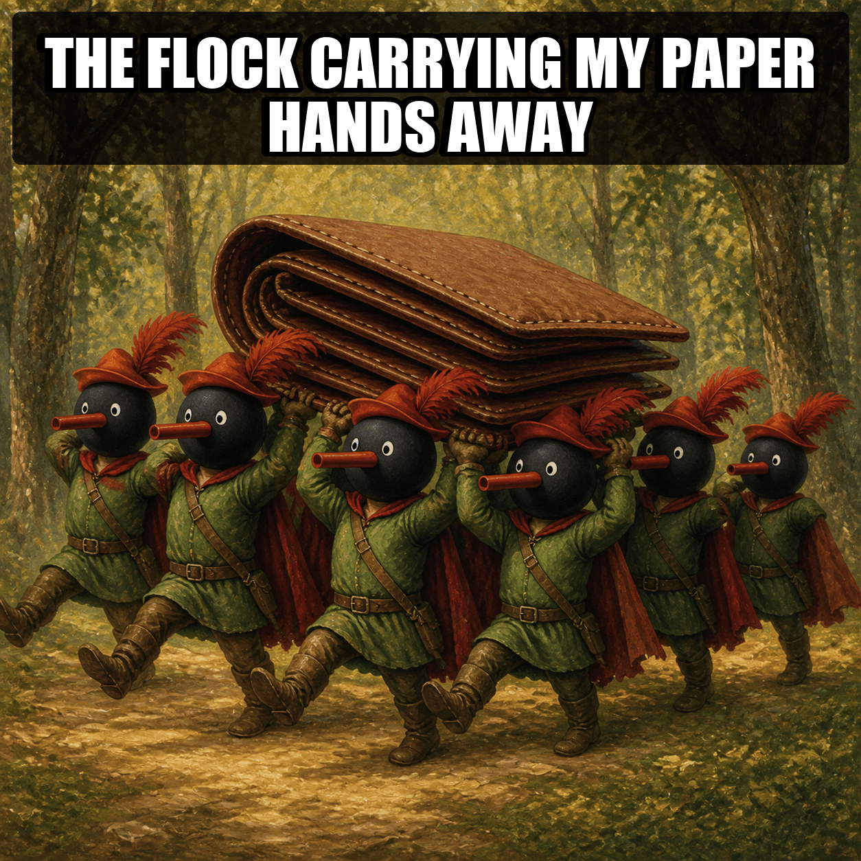 Robin Noot pallbearers carrying a paper wallet through the forest