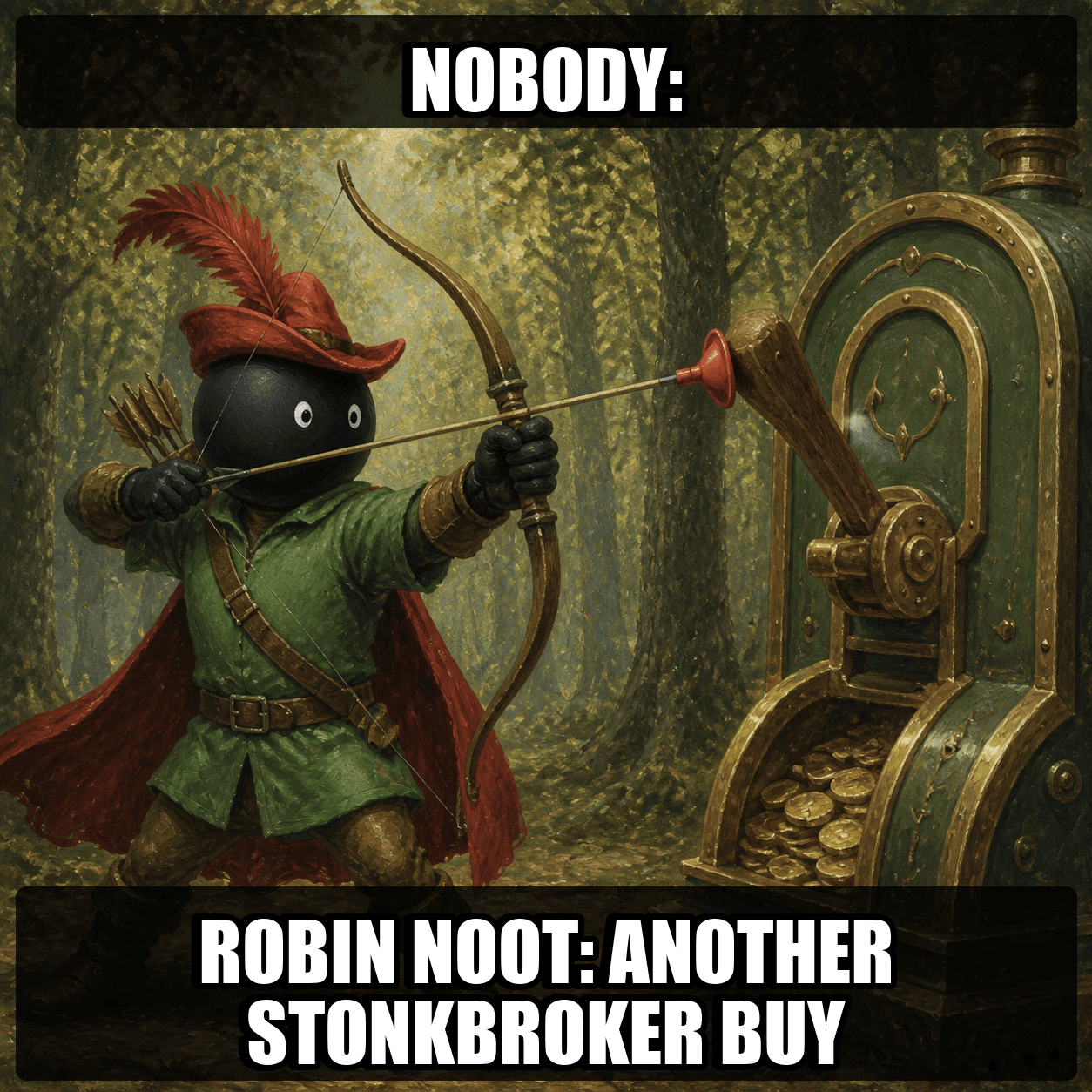 Robin Noot dramatically firing another arrow at a buy button