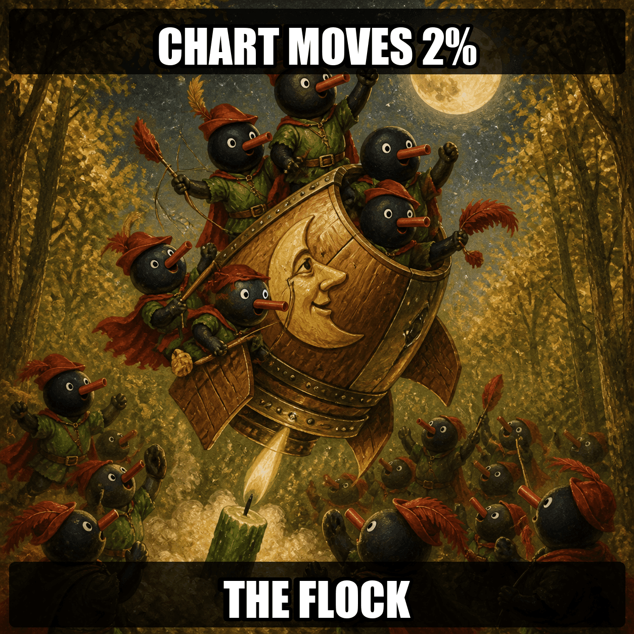 Robin Noot and the flock riding a wooden moon rocket